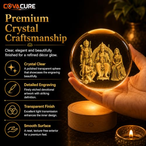 Image of COVACURE 3D Ram Darbar Idol Crystal Ball Night Lamp, 2.4 Inch Ram Darbar with Ram, Laxman, Sita and Hanuman Murti Idol Statue Crystal Ball Night Light for Home & Office Desk Decor, Spiritual Showpiece