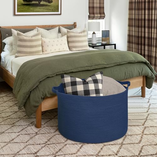 Image of MEGASKET 115L Dark Blue Basket for Organizing, 23.6 inch x 15.7 inch XXXL Woven Cotton Rope Laundry Basket, Oversized Blanket Storage for Living Room Bedroom, Kids Toy Box Organizer, Pool Towel Storage Bin