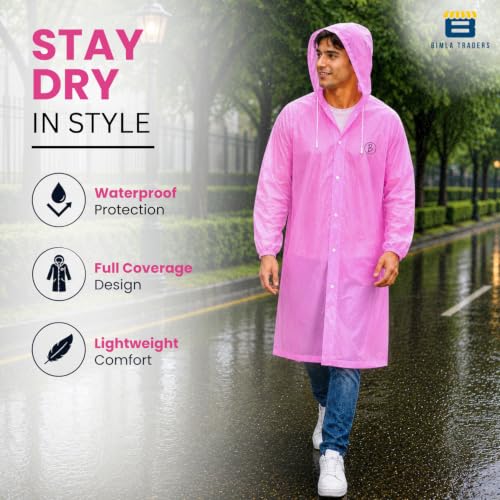 Image of Reusable EVA Hooded Raincoat| Transparent Waterproof Rain Wear for Men & Women | Elastic Full Sleeves | Front Button Design | Knee Length Free size