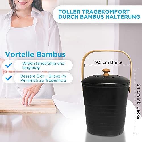 KESSELBACH ® Komposteimer mit Deckel Schwarz - Geruchsdicht durch Aktivkohlefilter - Biomülleimer Küche - Premium aus echtem Bambusfaser - Küchenabfalleimer für Biomüll - Kompostbehälter Elegant - Image 3
