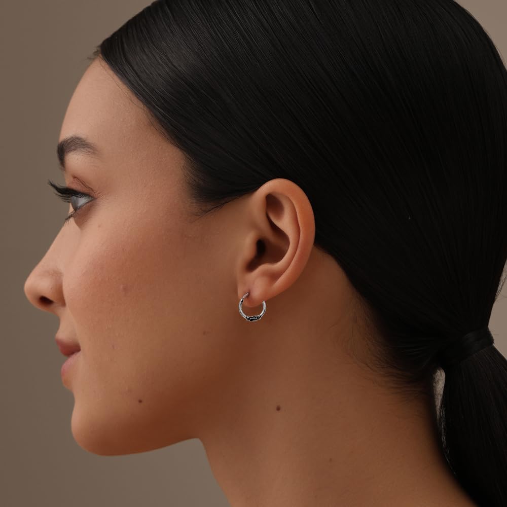 LeCalla 925 Sterling Silver Hoop Earrings for Women | Antique Oxidized Beaded Hoop Earrings | Vintage Balinese Beaded Click Top Hoops Earring | Lightweight Oxidized Bali Hoop Earring Jewelry
