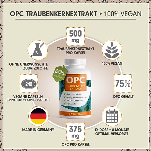 OPC Traubenkernextrakt - 240 OPC Kapseln mit 75% reinem O.P.C. je Kapsel - laborgeprüft (HPLC-Methode) mit Zertifikat: Echte 75% O.P.C.-Gehalt - 500 mg Traubenkernextrakt je Kapsel - 100% vegan