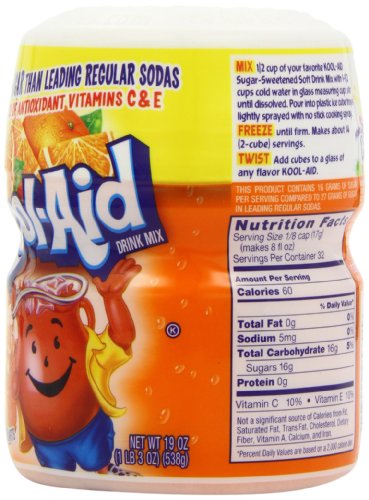 Image of Kool-Aid Drink Mix, Sugar Sweetened Orange, 19-Ounce Container (Pack of 4)