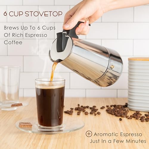 Image of Mixpresso 6 Cup Greca Moka Pot, Stainless Steel Stovetop Espresso Maker | 300ml /10oz Italian stovetop coffee maker with classic percolator design, ideal for preparing coffee at home or while camping