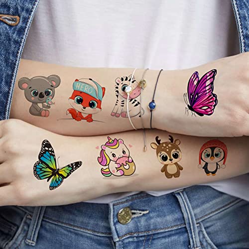 Rejaski 50 Pcs Cute Animals Zoo Kids Temporary Tattoos For Girls Butterfly Mermaid Unicorn, 3D Cartoon Fake Tattoos For Child Toddler Boys Teen, Fun Small Tatoo Party Favor Sets Supplies Decoration #TOP4