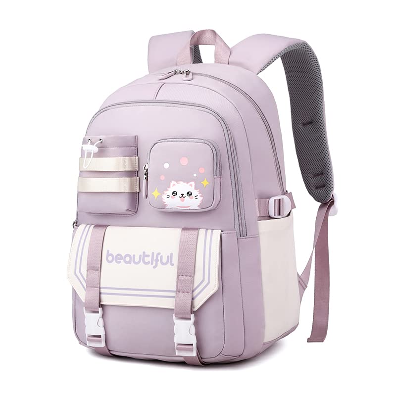 Mochila para Mulheres e Estudantes, Resistente à Água com Estampa de Gato Fofa, Cabe Notebook de 15,6 Polegadas, da Série Jovem e Alegre (Roxo)
