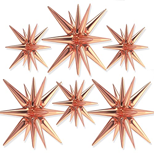 Image of PartyWoo Rose Gold Star Foil Balloons 6pcs Different Sizes Pack of 27 22 Inch Explosion Spike Mylar Balloons for Graduation Wedding Anniversary Bachelorette Engagement Birthday Party Decorations