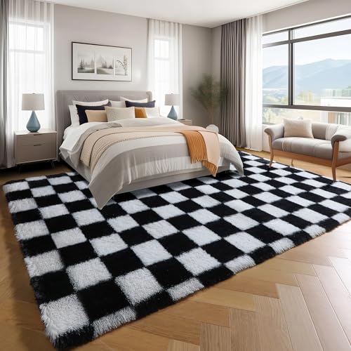 Image of KICMOR Area Rugs for Bedroom Living Room, 4x6 Black and White Fluffy Soft Checkered Rug Fuzzy Shag Shaggy Carpet, Indoor Plush Floor Rugs for Kids Boys Girls Teen Dorm Nursery Home Decor Aesthetic