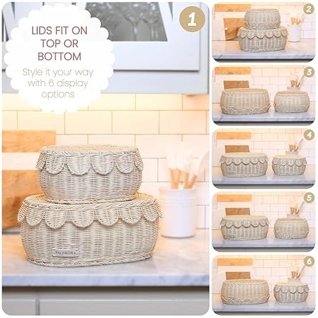 Set of 2 Natural Rattan Storage Baskets with Scalloped Lids ¨C Small & Medium Sizes ¨C Handwoven Braided Edge Detail ¨C Boho Accent Decor for Countertops, Shelves, Home Organization & Gifting.