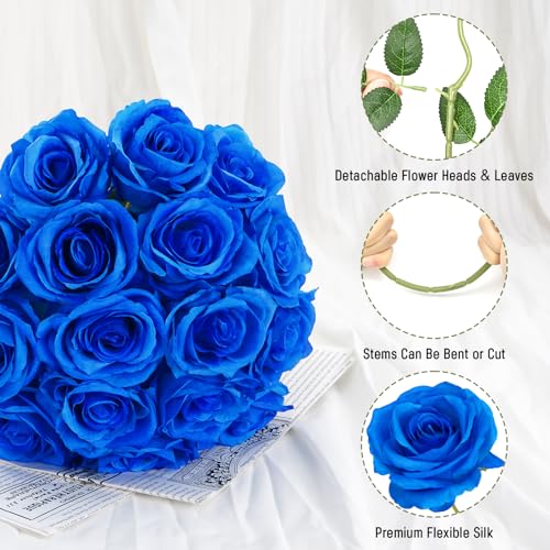 Waipfaru 16 Pcs Blue Roses Artificial Flowers, Fake Silk Roses with Long Stems, Faux Flowers for Independence Day Wedding Bouquet Centerpiece 4th of July Patriotic Decor (Royal Blue) - Thumbnail 2