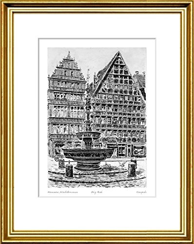 Akwaforta ręcznie drukowana monochromia Hannover, Marktbrunnen z Kaupsch, w złota wąska ramce, za passepartout, grafika artystyczna, sztuki projektowania, druk artystyczny