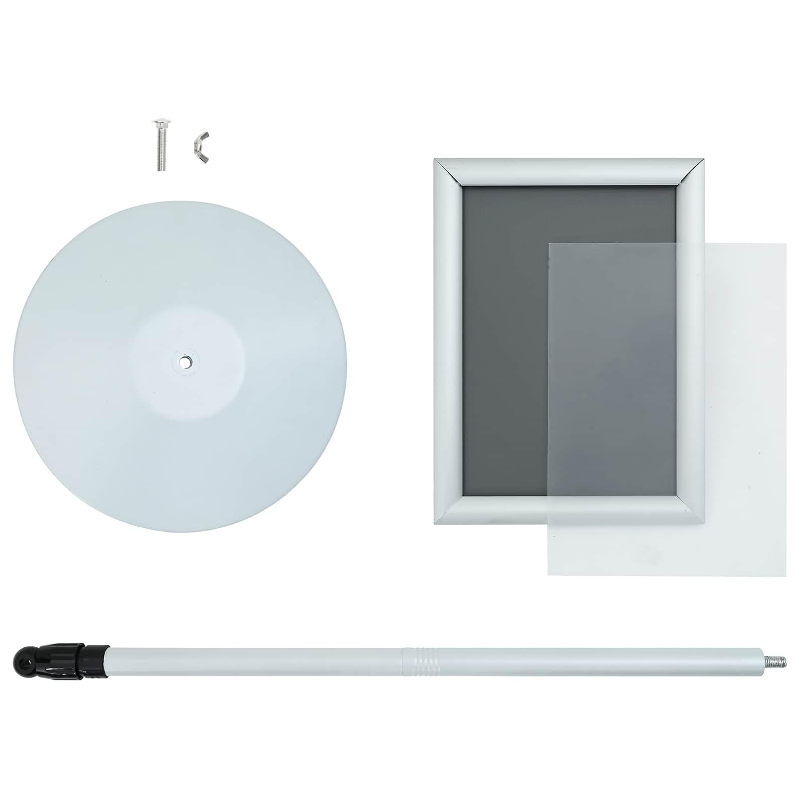 Support d'affiches sur pied argenté 33 x 33 x 123 cm en aluminium et PVC, support d'affiches réglable avec base en métal lourd pour matériaux publicitaires, idéal pour une utilisation