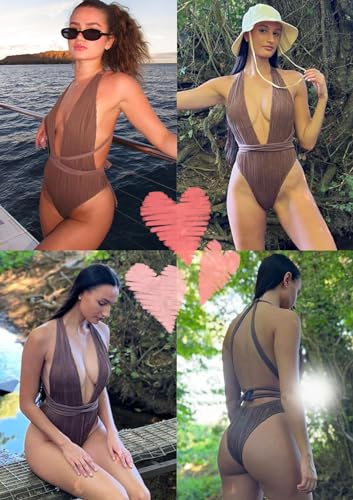 ZAFUL Women's One Piece Swimsuit Deep V Neck Ribbed Self Tie Sexy High Cut Bathing Suit Crisscross Back Swimwear4