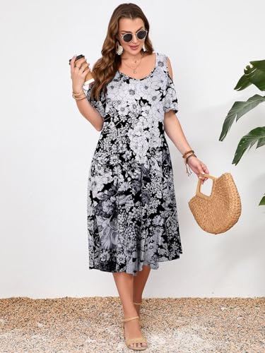 Image of LARACE Plus Size Women Dress for Summer, Midi Women's Sundress, Casual V-Neck Short Sleeve Flowy T-Shirt Dresses with Pockets