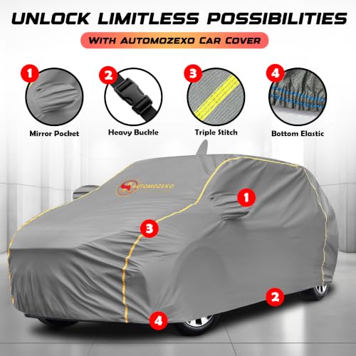Image of Tata Tiago 100% Waterproof Car Cover for All Weather Protection with Mirror & Antena Pocket Inner Cotton Layer Triple Stitched Cover with Adjustable Belt Bottom Elastic to Secure Fit -Grey