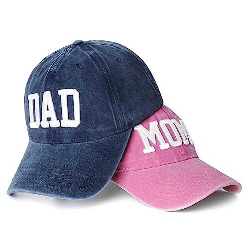 Conjunto de 2 bonés de beisebol para pai e mãe, bordados em 3D, ajustáveis, lavados, para pais, casais, boné clássico para presente para mãe e pai, Chapéu de pai azul escuro e chapéu rosa para a mãe,