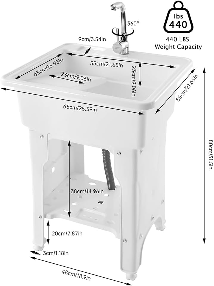 Utility Sink Freestanding Utility Sink Laundry Tub with Faucet Outdoor Washing Tub Wash Station Sink White Utility Sink for Laundry Rooms, Basements, Garages or Stores