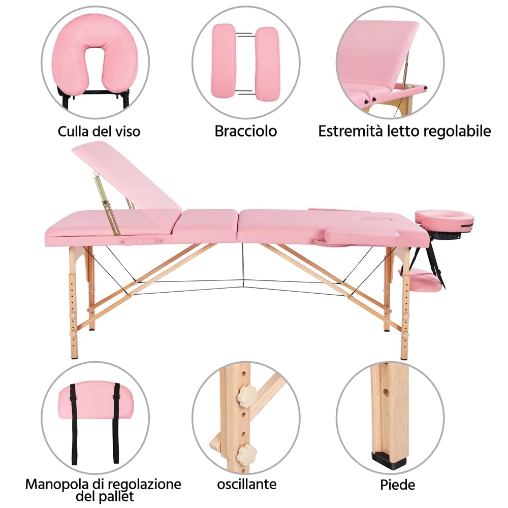 Yaheetech Lettino da Massaggio Portatile a 3 Zone Pieghevole in Legno Faggio 213 x 57 cm Altezza Regolabile con Poggiatesta Rosa