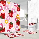 Kalmico 4PC Cute Strawberry Fruit Shower Curtain Set 60W by 72H Inch Girls Flower Y2K Pink Groovy Bathroom Set Accessory with Rugs Toilet Lid Cover and Bath Mat Polyester Home Decor
