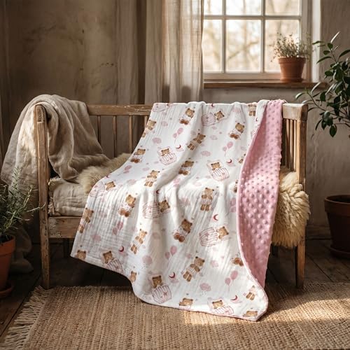 Image of GLLQUEN BABY Blankets for Girls, Soft Muslin Cotton Front Dotted Fleece Backing, Nursery Minky Crib Blanket for Infant Toddler, 30 x 40 inches Throw Blanket, Pink Bear