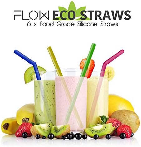 FLOW Barware Reusable Silicone Straws | 6 Silicone Straws with Storage Bag & Cleaning Brush | Large Silicone Straws for Smoothies, Children's Milkshakes & Kids Parties | Multi-Coloured