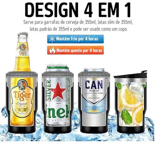 Caneca Porta Latas e Isolador 4 em 1 para Lata Fina e Padrão de 355ml e Log Neck de Cerveja. Copo Té