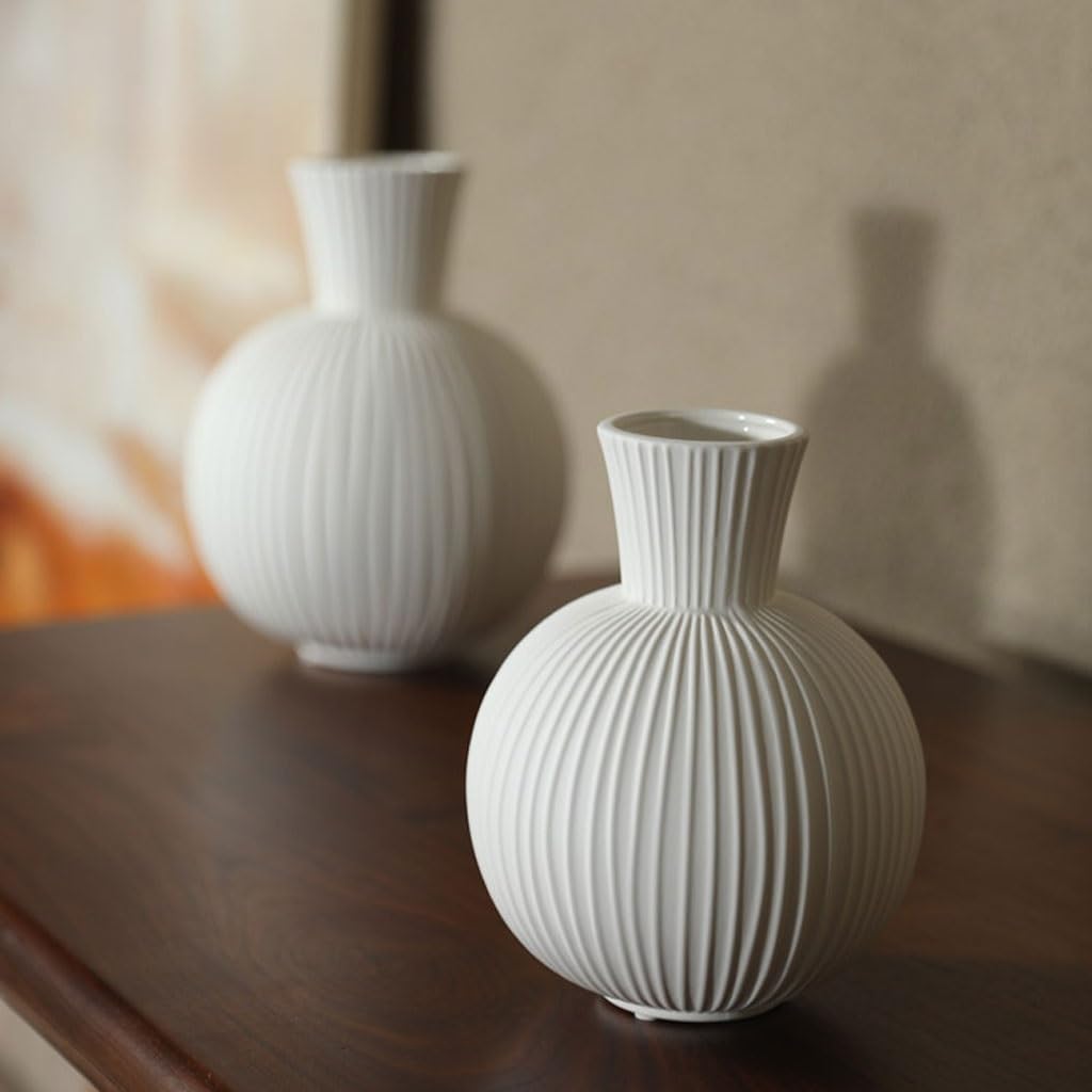 Lot De 2 Vases Décoratifs Blanc Et Beige En Céramique - Vases Fleurs Séchées Grand + Petit