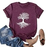 Anbech Womens Life Tree T-Shirt Plant Graphic Tees Natural Print Short Sleeve Flower Tops (Red, L)