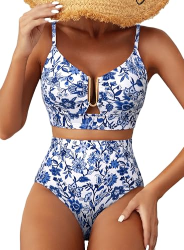 Herseas Women U Wire Two Piece Bikini Sets Floral Print Swim Suits Crisscross Back High Waisted Tummy Control Flattering Bathing Suit Fashionable Swim Outfits Summer Blue Floral Large