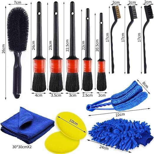 Image of Car Detailing Brush Set, Exterior Interior Car Detail Kit Auto Cleaning Brush for Wheels Detail Brushes, Wheel Brush, Wash Mitt,Vent Brush,Wax Applicator Pads,Towels,Wire Brushs (15 PCS)