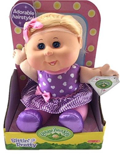 Cabbage Patch Kids Sittin Pretty Doll Blonde Hair/Blue Eyes - Purple Hearts Dress & Hairnet