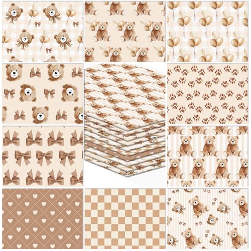 JarThenaAMCS 10Pcs Brown Bear Cotton Fabric Bundles Cute Bear Bowknot Balloon Fat Quarters Baby Shower Quilting Patchwork for DIY Sewing Craft Decor,...