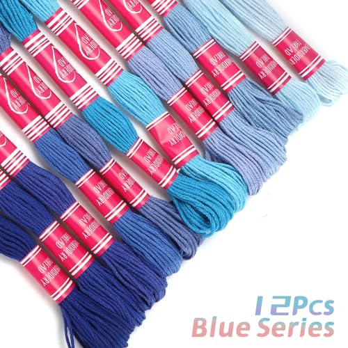 Image of 12Pcs Blue Embroidery Thread, Cross Stitch Threads, Embroidery Floss Friendship Bracelets Gradient Bright Color Polyester Line Sewing Skeins for Sewing