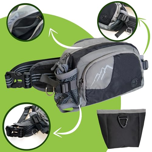 Hundetasche Bauchtasche mit Leckerli-Tasche & 2 Wasserflaschenhalter, Leichte Futterbeutel Hunde mit Kotbeutelspender, Gürteltasche Hüfttasche verstellbar, 2-in-1 für Gassi, Training, Wandern, Schwarz