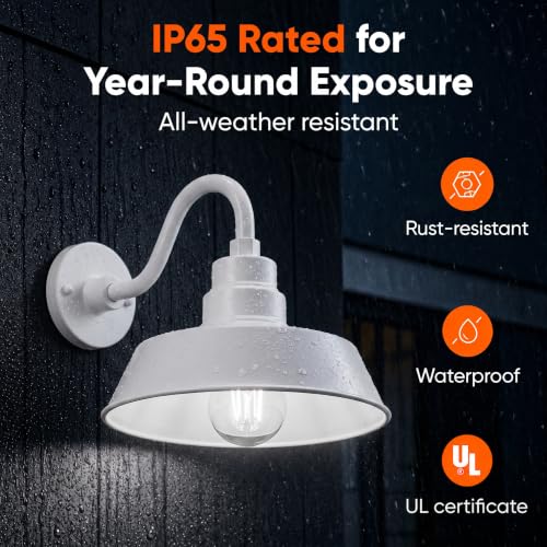 Image of 14in. White Outdoor Gooseneck Barn Light Fixture With 10in. Long Extension Arm - Wall Sconce Farmhouse, Antique Style - UL Listed - 9W 900lm A19 LED Bulb (5000K Cool White) - 2-Pack