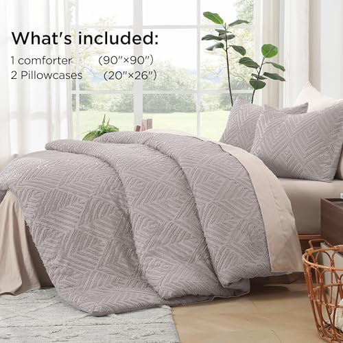 Image of Litanika Queen Comforter Set Milk Coffee, 3 Pieces Cream Tufted Boho Farmhouse Bedding Comforter Sets, Lightweight Fluffy Comforter Bed Set for All Season (90x90In Comforter and 2 Pillowcases)