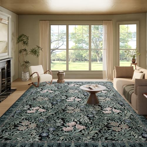 Image of Washable Area Rugs 9x12 Black Green Vintage Floral Botanical Pattern,Perfect for Living Room, Bedroom, Kids Room, Nursery - Stain & Water Resistant Non-Slip, Pet & Child Friendly /Bedroom Decor