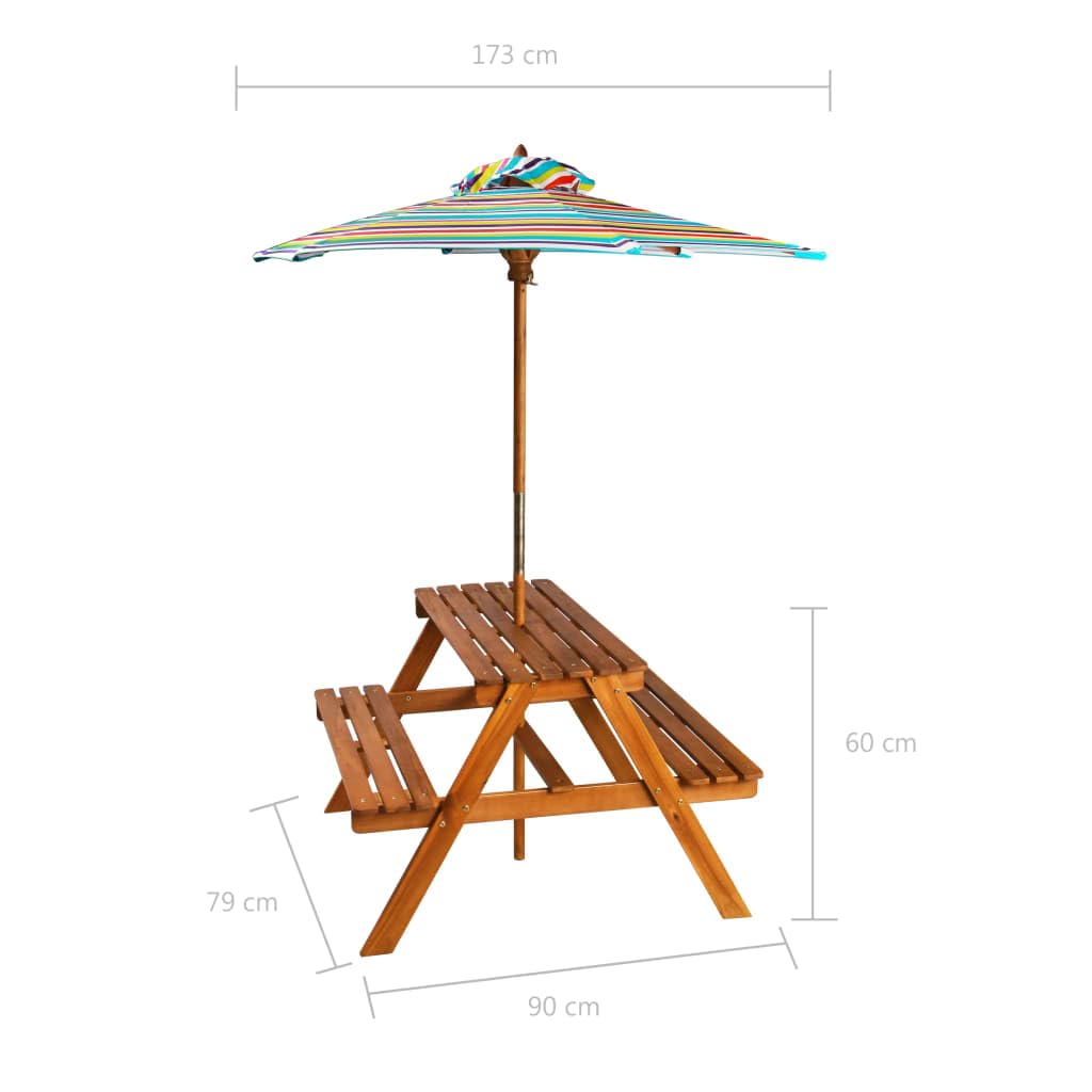 Tavolo da picnic per bambini con ombrellone, 79 x 90 x 60 cm, in legno massello di acacia