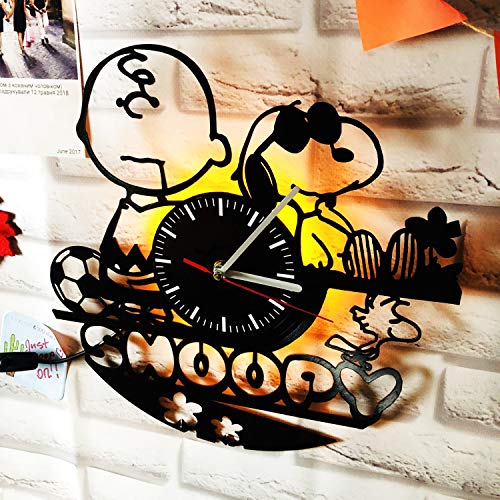 Vinyl Wall Clock Compatible With Snoopy Led Backlight Vinyl Night Atmosphere Light Lamp Creative Classic Cool Living Room Interior Decor Led Time Clock With Light (Yellow) #TOP4