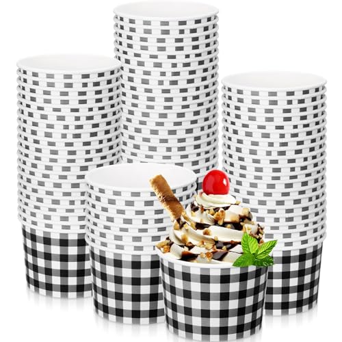 Sieral 100 Pack 9 oz Gingham Ice Cream Paper Cups Bowls, Black