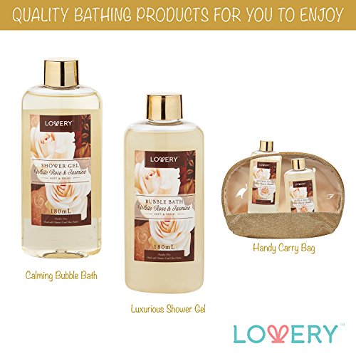Home Spa Gift Basket, Luxury 13 Piece Bath & Body Set For Men & Women, White Rose & Jasmine Scent - Shower Gel, Bubble Bath, Body Scrub, Salts, 6 Bath Bombs, Pouf, Cosmetic Bag & Gold Tub #TOP3