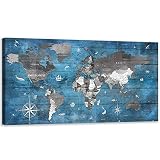 Blue World Map Canvas Wall Art for Office Living Room Large Vintage Wood Grain World Map Wall Art Pr