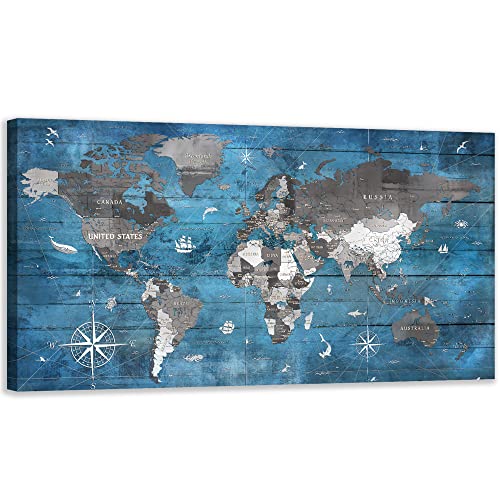 Blue World Map Canvas Wall Art For Office Living Room Large Vintage Wood Grain World Map Wall Art Prints English Alphabet Background Framed Paintings Artwork Home Decor Picture 20" X 40" #TOP12