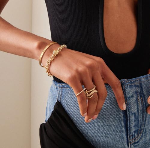 Aobei Pearl Minimaliste 18 K or brossé bracelet manchette mince pour les femmes ajustable ouvert manchette ovale, empilage délicat, couches anneau bracelet bijoux – vue 4