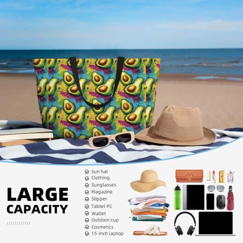 Large Beach Bags for Women Sandproof - Colorful Cartoon Avocado Print Summer Travel Work Tote Bags with Zipper4