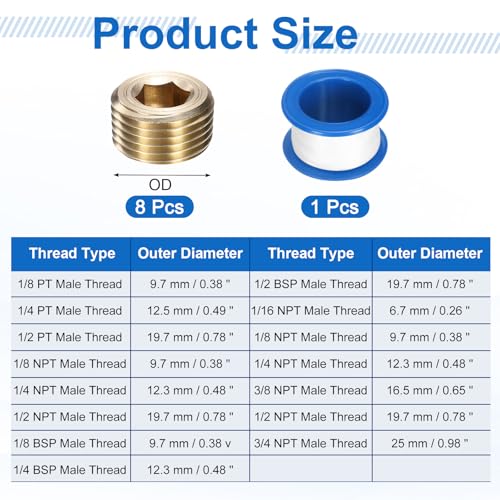 Tapón de latón NPT de 1/2 sourcing map con rosca macho hexagonal interna para tuberías de 8 piezas 3