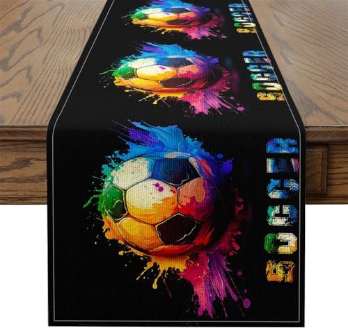 Erosebridal Soccer Table Runner,Colorful Graffiti Soccer Table Runners,Athletic Sports Rectangular Runner Tabletop Decor,Black Pink Blue,13x120 Inch image 5
