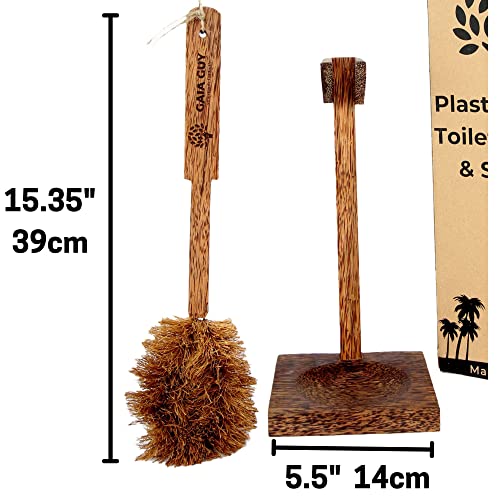 Gaia Guy Coconut Wood Toilet Brush With Wood Stand (Coconut Oil Stained) | Eco-Friendly Plastic Free Toilet Brush With Wooden Toilet Brush Holder | Zero Waste Toilet Brush #TOP3