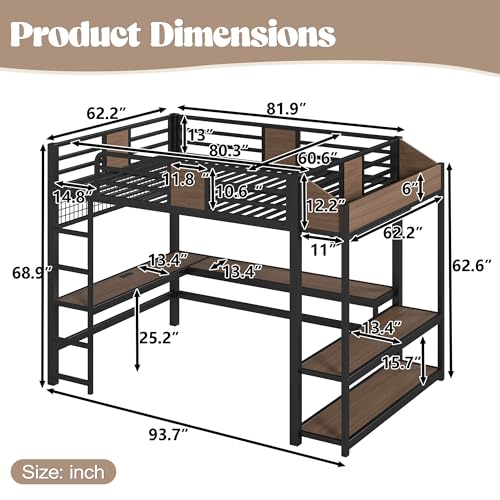 Image of Bellemave Queen Size Loft Bed with Desk and USB Ports, Clothes Hanging Rod, LED, Metal Full Loft Bed Frame for Adults, Kids, Teens, Black