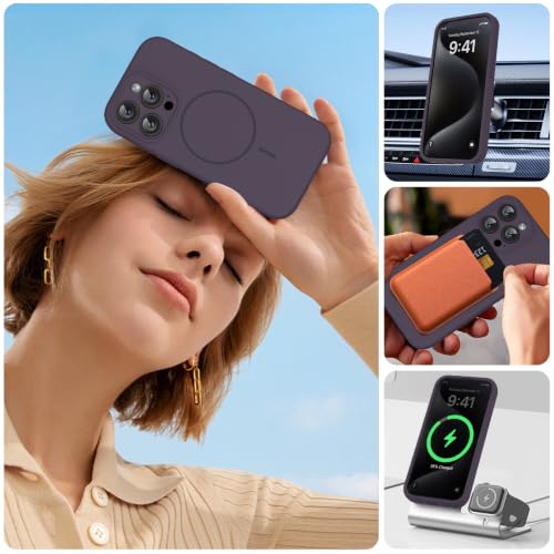 Image of miracase Magnetic for iPhone 15 Pro Case, [Soft Anti-Scratch Microfiber Lining], Compatible with MagSafe, Liquid Silicone Shockproof Drop Protection Phone Case for 15 Pro, Dark Purple